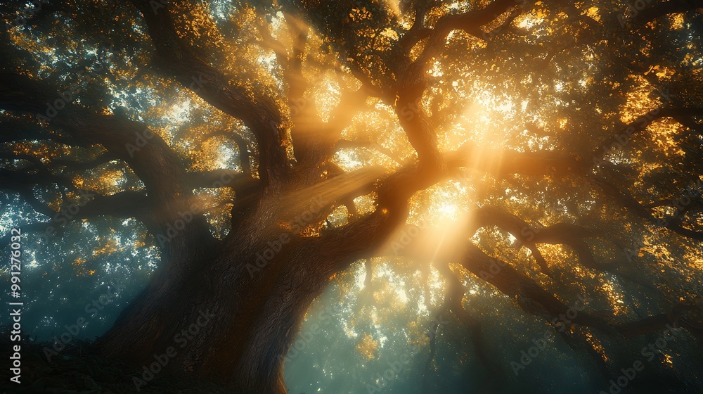 Poster sunlight streams through the branches of a large, ancient oak tree in a forest.