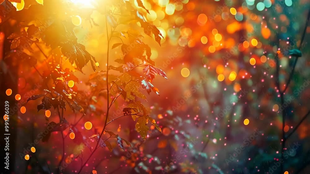 Poster a close-up of leaves backlit by the setting sun, creating a warm and colorful bokeh effect