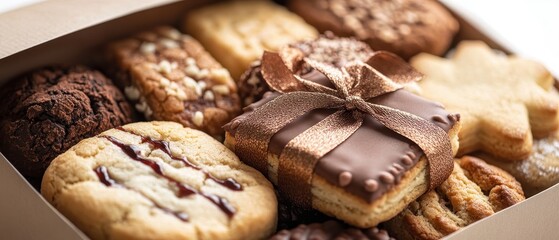 A delicious assortment of cookies in a gift box, perfect for any occasion, featuring chocolate, nut, and buttery flavors.
