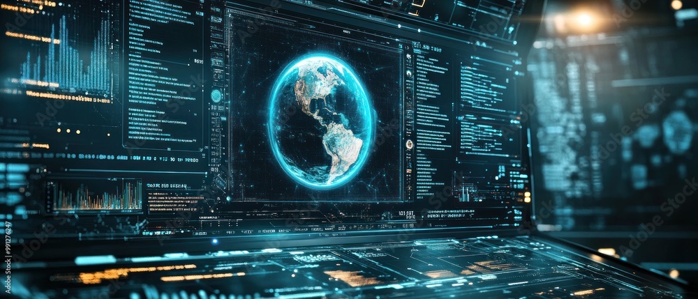 Poster digital display hologram hud screen displaying the earth from space interface advanced technology ba