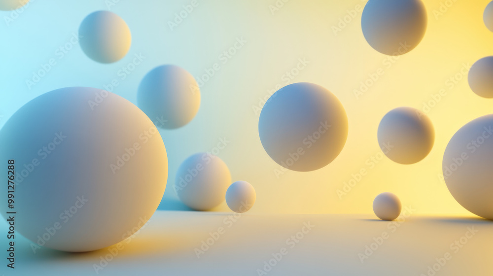 Poster 3d render of multiple white spheres floating on a blue and yellow gradient background