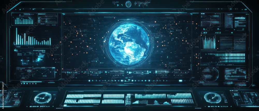 Poster digital display hologram hud screen displaying the earth from space interface advanced technology ba