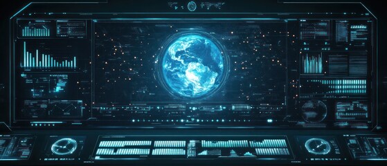 Obraz premium Digital display hologram HUD screen displaying the earth from space interface advanced technology background wallpaper AI generated image