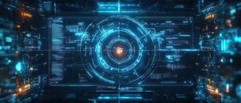 Digital display blue hologram HUD screen displaying interface advanced technology background wallpaper AI generated image