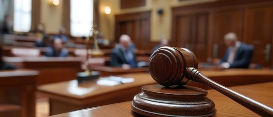 A close-up view of a gavel on a judge's bench in a courtroom setting, symbolizing justice and the legal system.