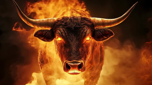 A fiery bull stares directly at the camera, surrounded by flames and smoke