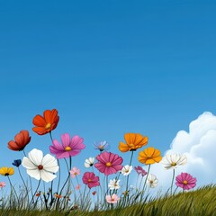 Obraz premium Colorful flowers blooming under a bright blue sky with fluffy clouds.