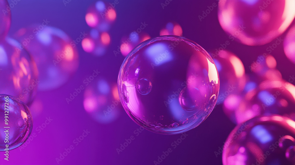 Poster abstract composition featuring transparent bubbles floating on a vivid purple background