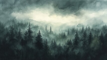 Fototapeta premium A mysterious forest scene shrouded in fog, with tall trees silhouetted against a dramatic cloudy sky.