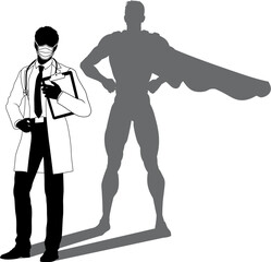 A superhero medical doctor man health care worker revealed by his shadow silhouette as a super hero in a cape.