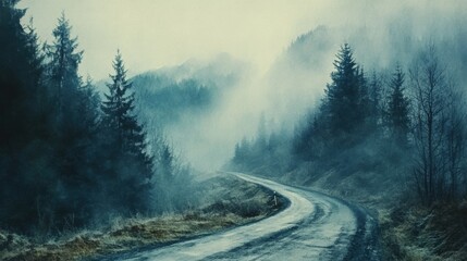 A mysterious winding road through a foggy forest, capturing the essence of tranquility and solitude in nature.