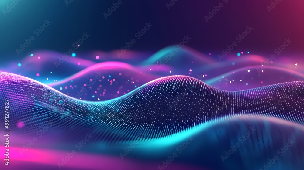 Poster abstract digital waves with flowing lines of blue and pink, filled with light particles and dots, re