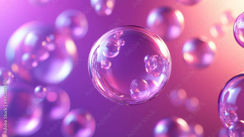 Poster transparent bubbles containing smaller bubbles are floating on a blurred gradient background