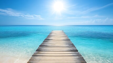 Wooden pier extending into the turquoise ocean, under a bright blue sky and sunny weather, ideal for tropical vacation concepts.