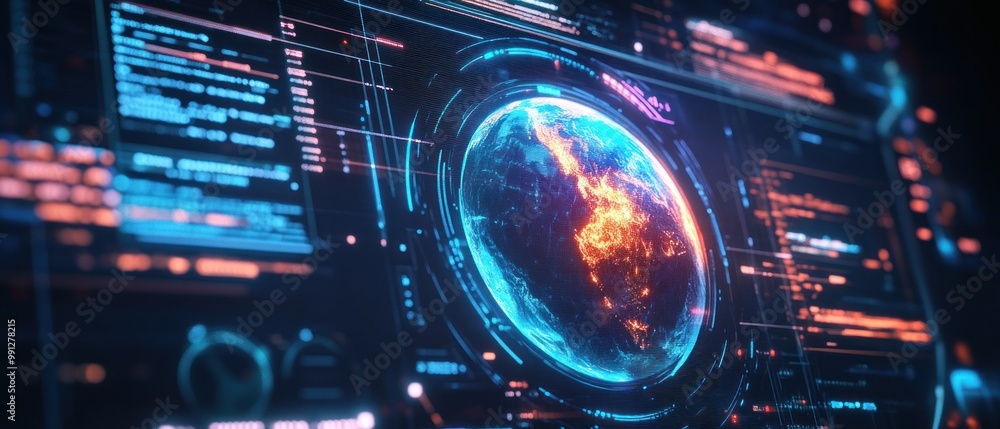 Poster digital display hologram hud screen displaying the earth from space interface advanced technology ba