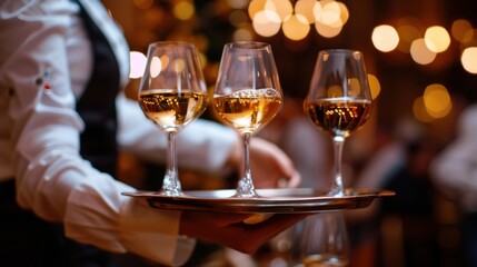 Fototapeta premium Waiter carrying a tray of wine glass in a luxury wine party