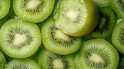 Detailed shot of sliced kiwi fruits showing their vibrant green flesh and intricate seed patterns, with a whole kiwi on top