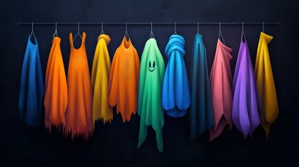 Colorful spooky costumes hanging on a rack against a dark background.