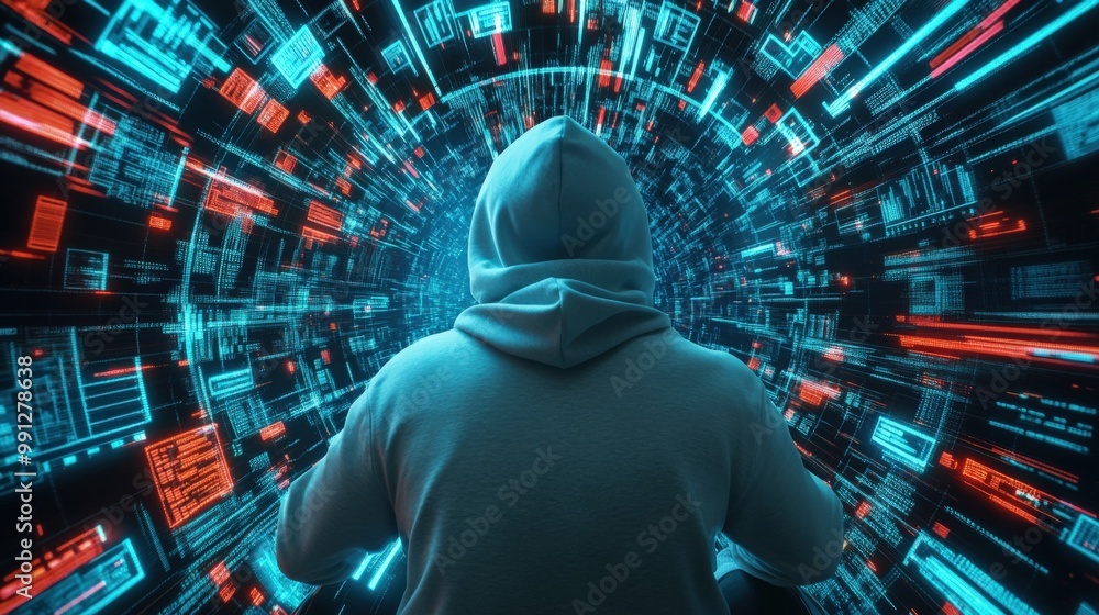 Poster a man is sitting in front of a computer screen with a blue and red background