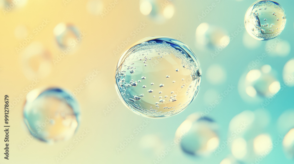 Poster abstract background with multiple transparent bubbles floating on a blue and yellow gradient