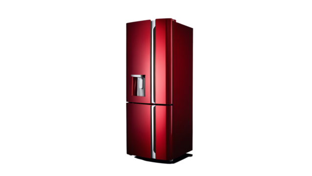 Red fridge or refrigerator isolated on transparent background. Modern home technology appliance to keep the food cold and fresh, electric cooler object, kitchen equipment, freeze temperature storage
