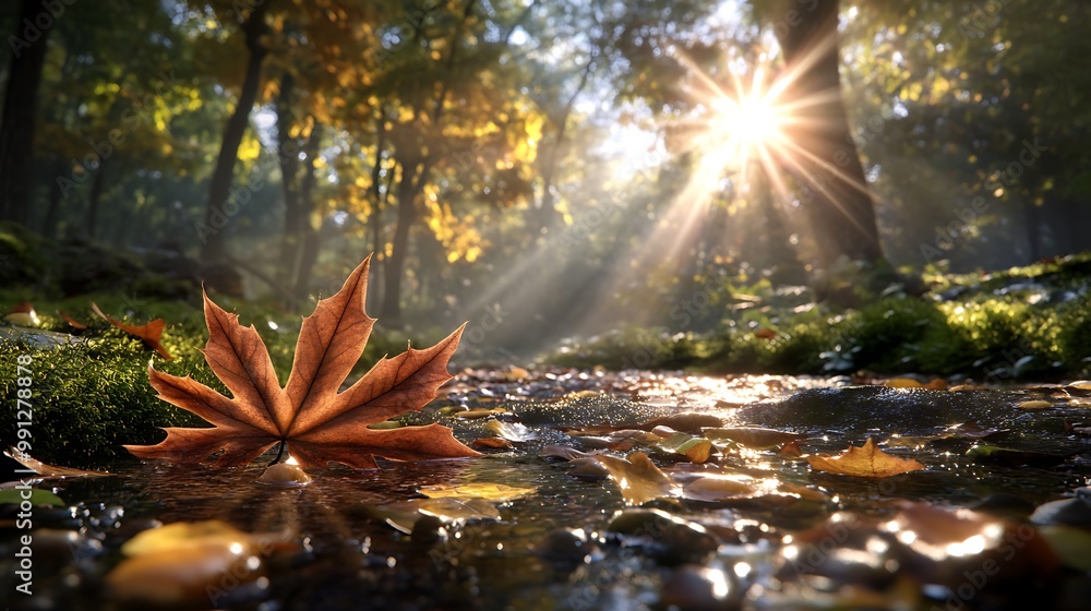Poster a single red leaf floats on a stream in a sun-dappled forest.