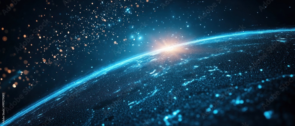 Poster blue abstract view of amazing glowing planet from space background wallpaper ai generated image