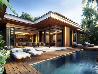 Fototapeta premium Villa de vacances haut de gamme avec vue sur la piscine et palmiers