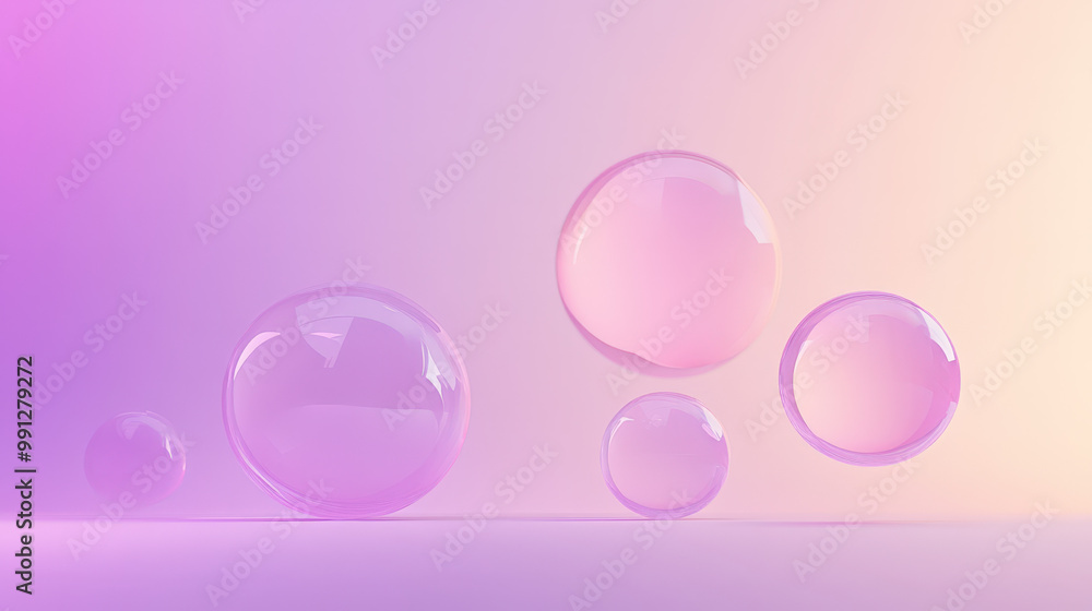 Poster abstract background showing spheres floating on gradient pastel background with copy space