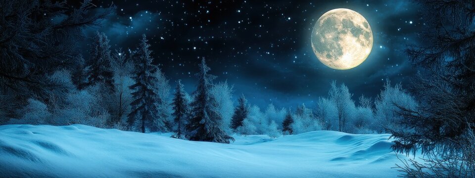 A large moon is in the sky above a snowy field