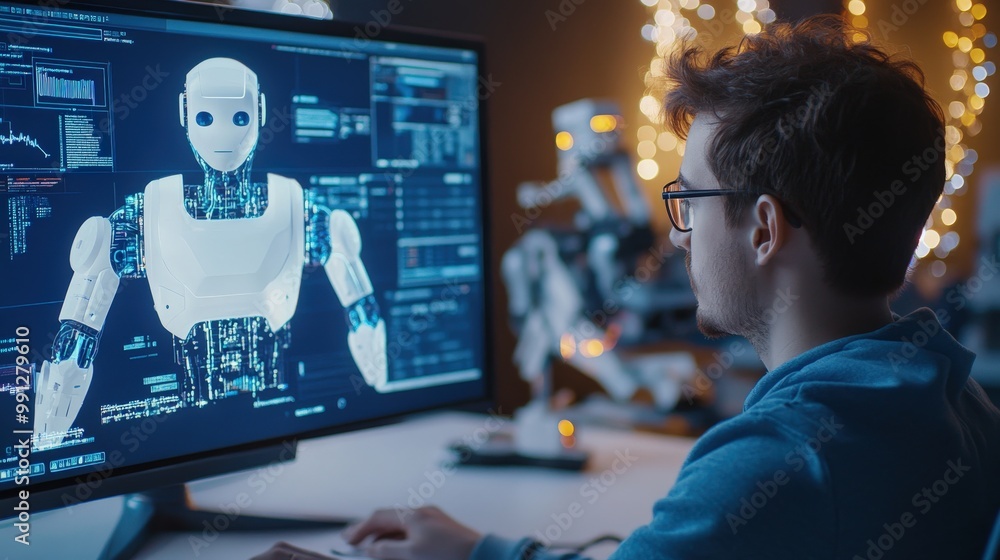 Poster a man is sitting in front of a computer monitor with a robot on the screen