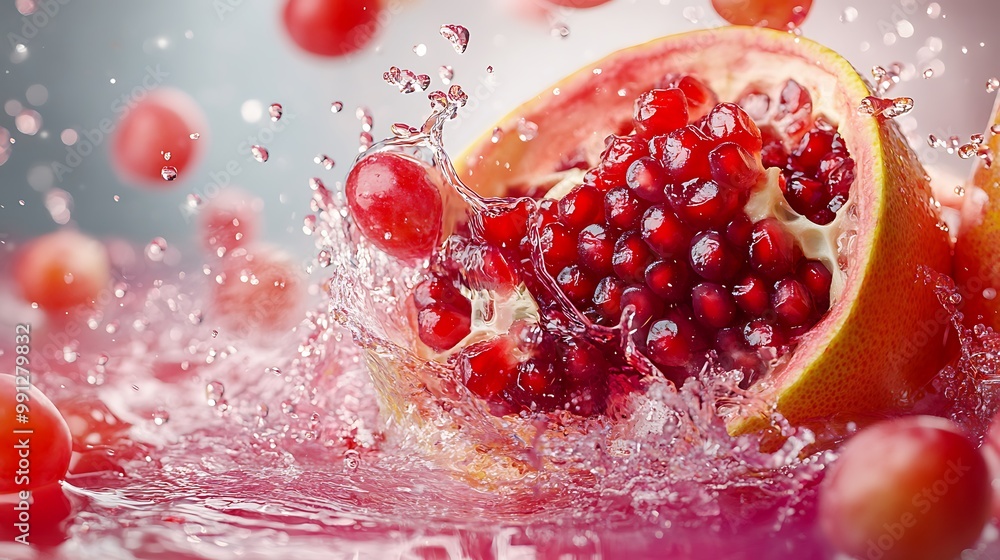 Poster a halved pomegranate with red seeds is splashed with water and grapes.