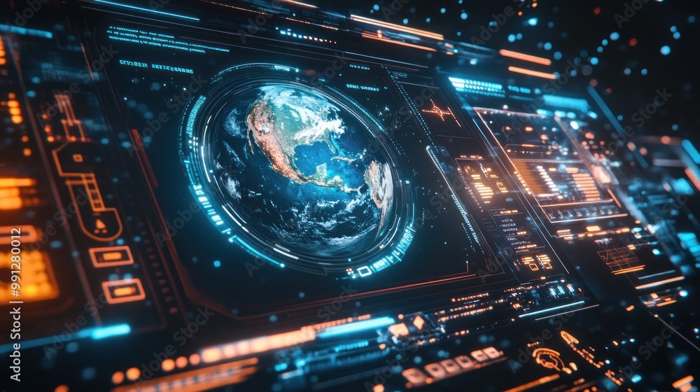 Poster digital display hologram hud screen displaying the earth from space interface advanced technology ba