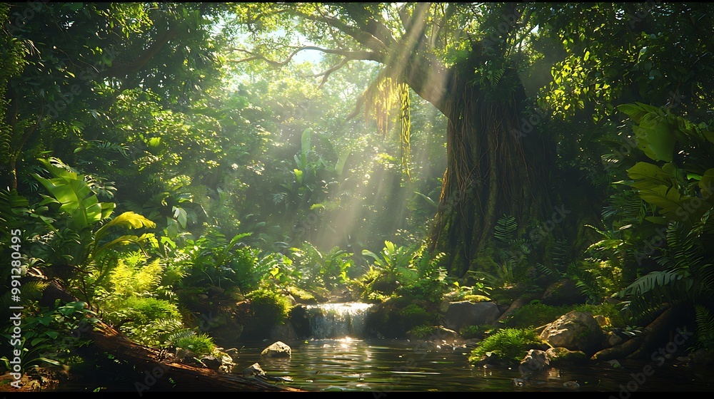 Poster sunlight streams through the canopy of a lush rainforest, illuminating a small stream.