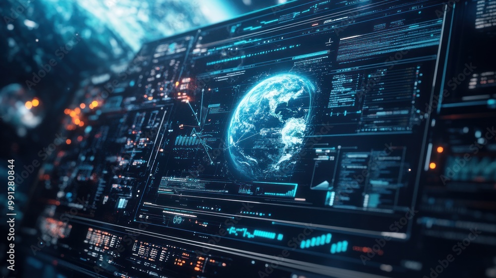 Poster digital display hologram hud screen displaying the earth from space interface advanced technology ba