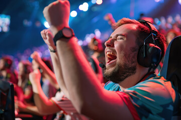 Excited Spectator Cheering at a Live Gaming Event with Headset and Arm Raised in Victory