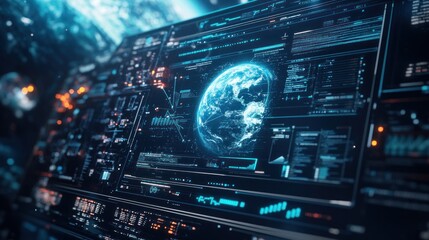 Obraz premium Digital display hologram HUD screen displaying the earth from space interface advanced technology background wallpaper AI generated image