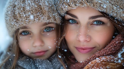 cheerful family moment with a mother and daughter in a winter snow portrait enjoying the outdoors and creating joyful memories together surrounded by a snowy landscape