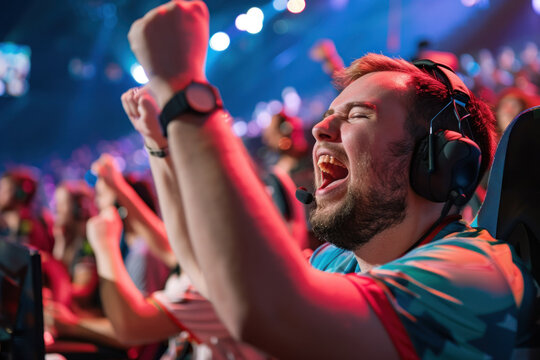 Excited Spectator Cheering at a Live Gaming Event with Headset and Arm Raised in Victory