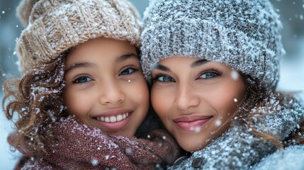 cheerful family moment with a mother and daughter in a winter snow portrait enjoying the outdoors and creating joyful memories together surrounded by a snowy landscape