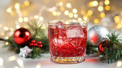 Red drinking glass on Christmas background