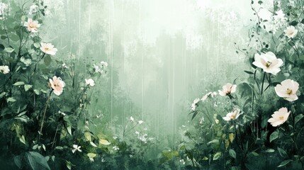 A serene landscape featuring lush greenery and delicate flowers, evoking tranquility and natural beauty in a peaceful setting.