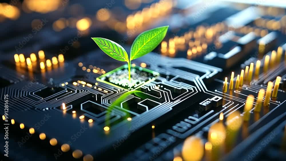 Poster a close-up of a delicate seedling sprouting from a complex circuit board, representing the fusion of