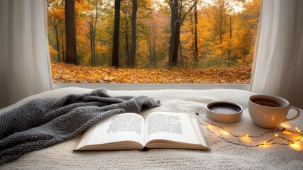 Golden autumn leaves fill the view outside a window, while soft white curtains and bed linens create a serene atmosphere for relaxation and reflection