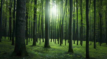 Serene forest clearing tall trees carpet of leaves dappled sunlight creates magical atmosphere enchanted woodland scene nature photography tranquil escape. Ethereal woodland landscape sunlit forest.