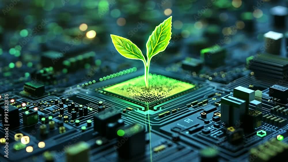 Poster a seedling pushing through the surface of a glowing circuit board, representing the intersection of 