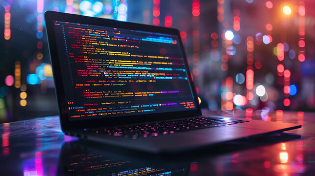 Abstract programming code on a black laptop screen. Digital technology rainbow neon glowing background. Cyberspace coding technology. Data network on computer design illustration. Digital presentation