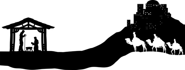 A Christmas nativity scene with baby Jesus in the manger, wise men and city of Bethlehem in the background