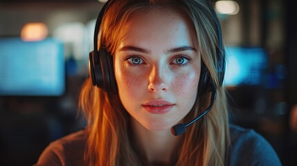 woman call center agent with a headset providing customer service and handling phone inquiries while working in an office offering professional support and communication assistance