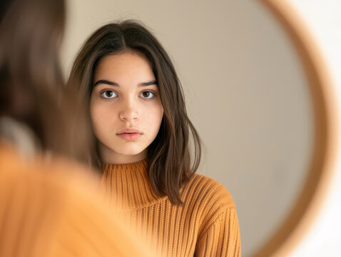 A teenager struggling with body image and self-esteem issues, gazing into mirror while battling an eating disorder. Emotional toll of societal pressures and mental health challenges youth face today.